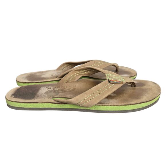 Rainbow Sandals Men's Sz 7.5 - 8.5 Tan Green 1 " Leather Straps Double Layer - Picture 7 of 15
